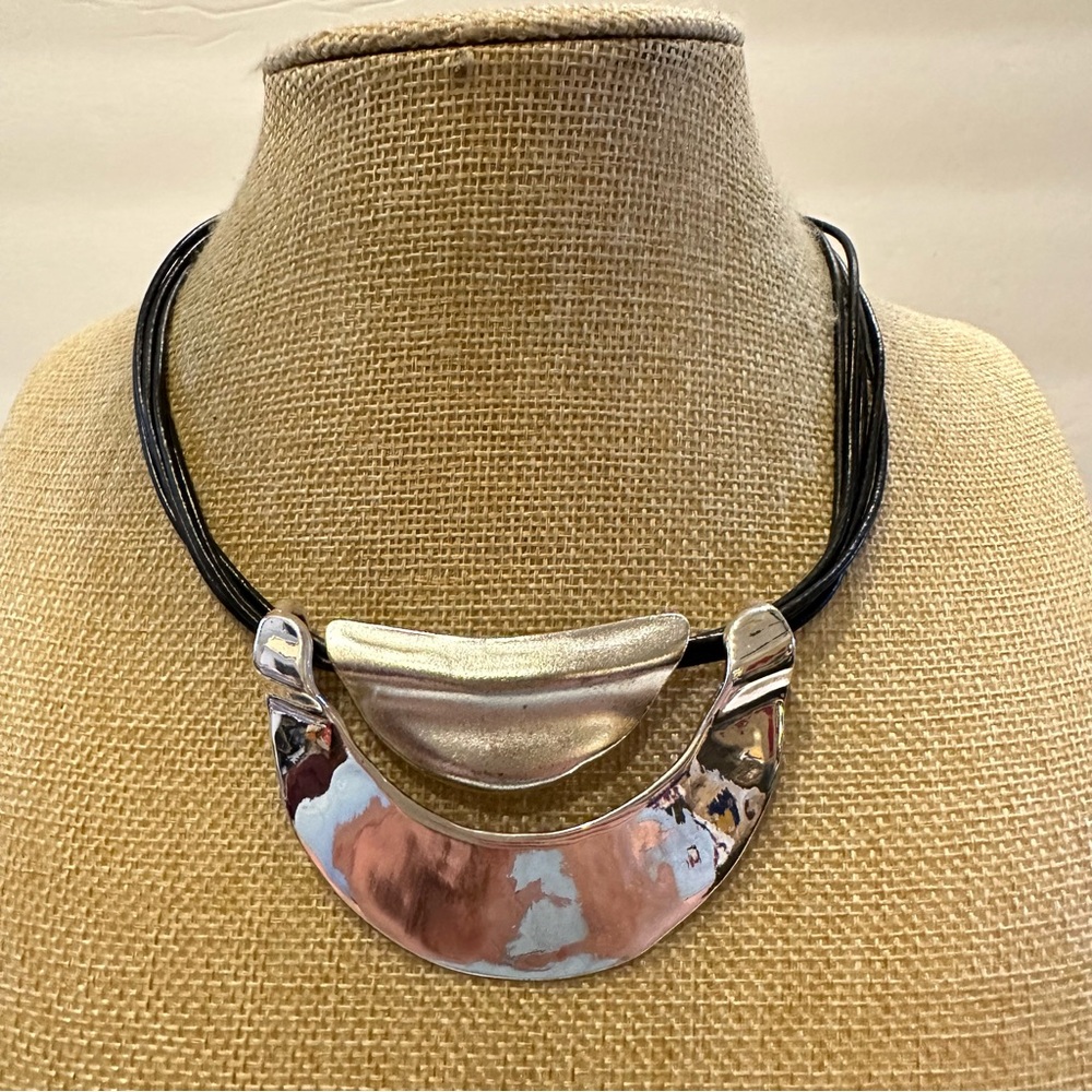 Chico’s Necklace black faux leather w/ 2 piece silver tone pendant matte & shiny